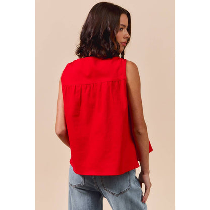 GAME DAY COLOR DENIM RUCHED SLEEVELESS TOP