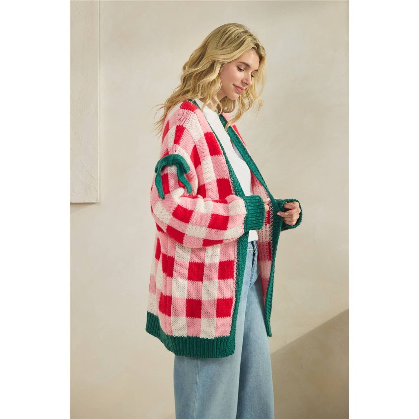 Checkered Cardigan with Ribbon Details