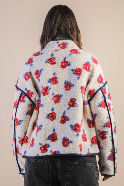 Oversized Floral Printed Fleece Sherpa Jacket