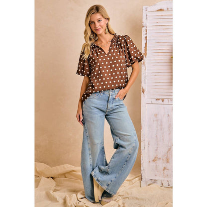 POLKA DOT PRINTED WOVEN RUFFLED V NECK