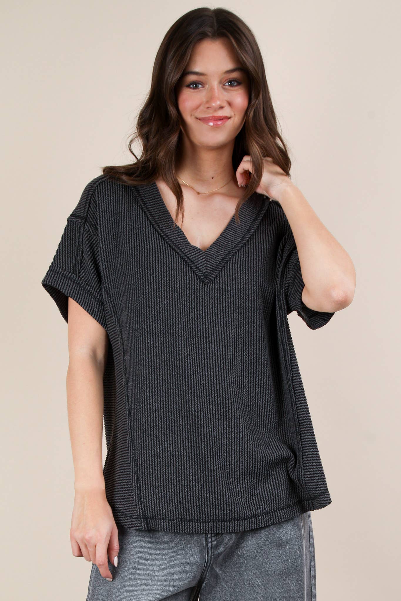 Soft Two Tone Casual Comfy Ribbed Knit Top