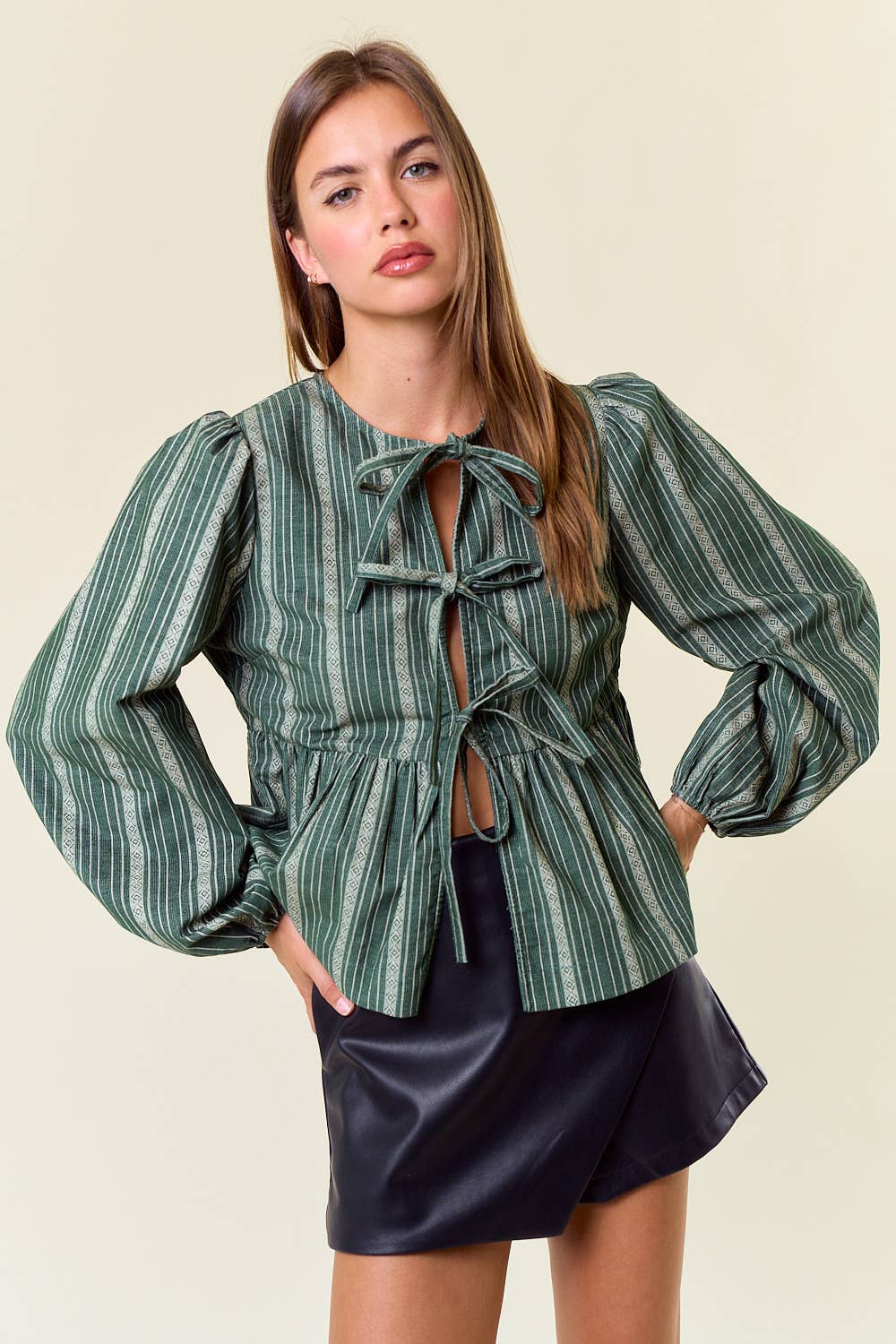 Corduroy Long Sleeve Bow Tie Front Peplum Blouse