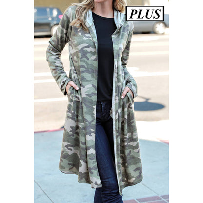 Plus Camo Long Cardigan with Hoodie